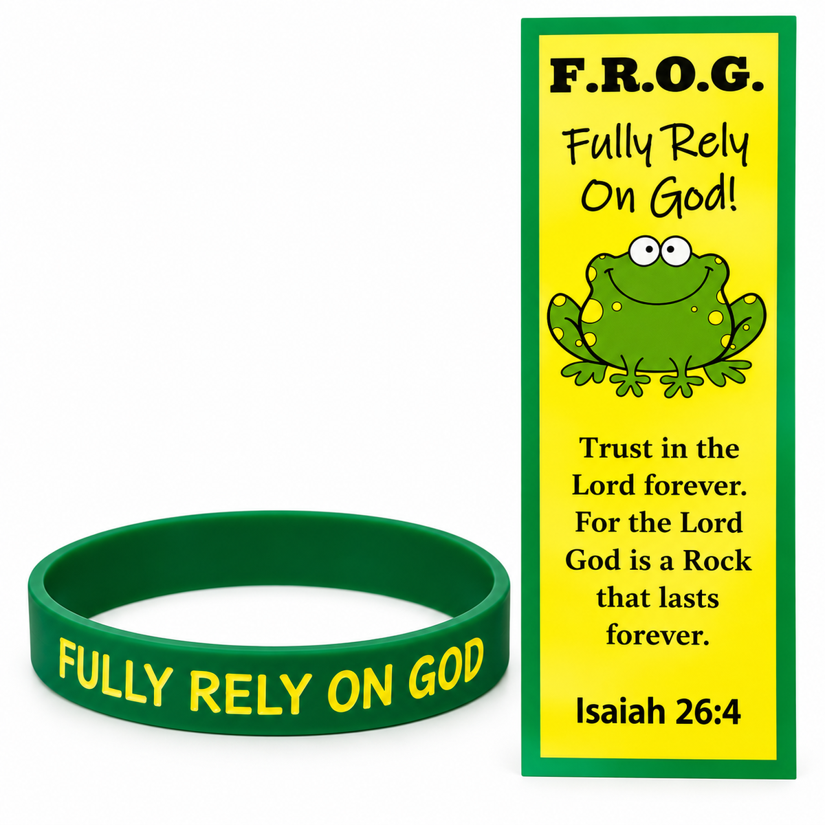 A green silicone wristband with yellow text reading 'FULLY RELY ON GOD' is shown next to a matching yellow and green printed card featuring the text 'F.R.