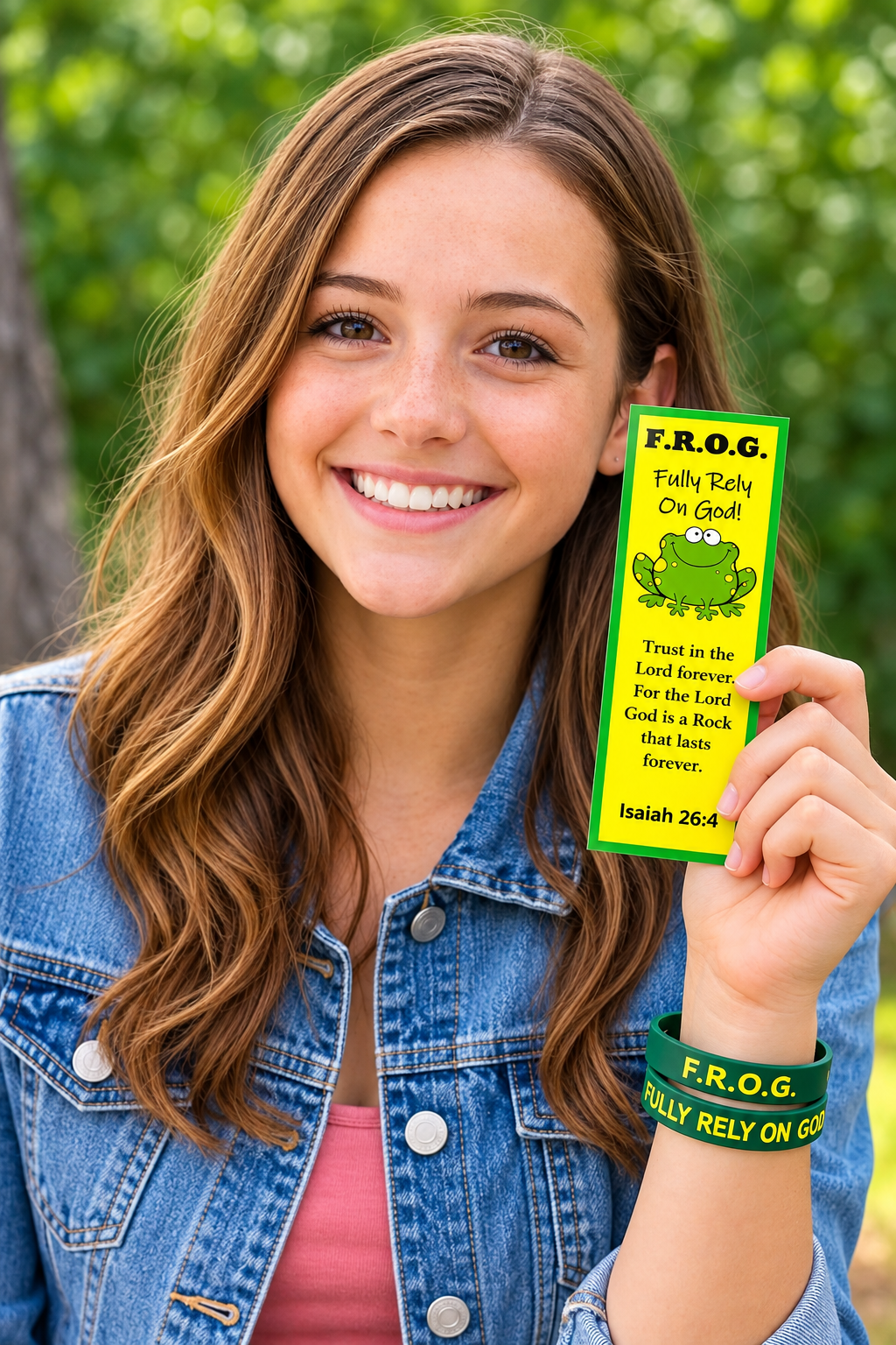A smiling young woman outdoors holds up a green and yellow F.R.