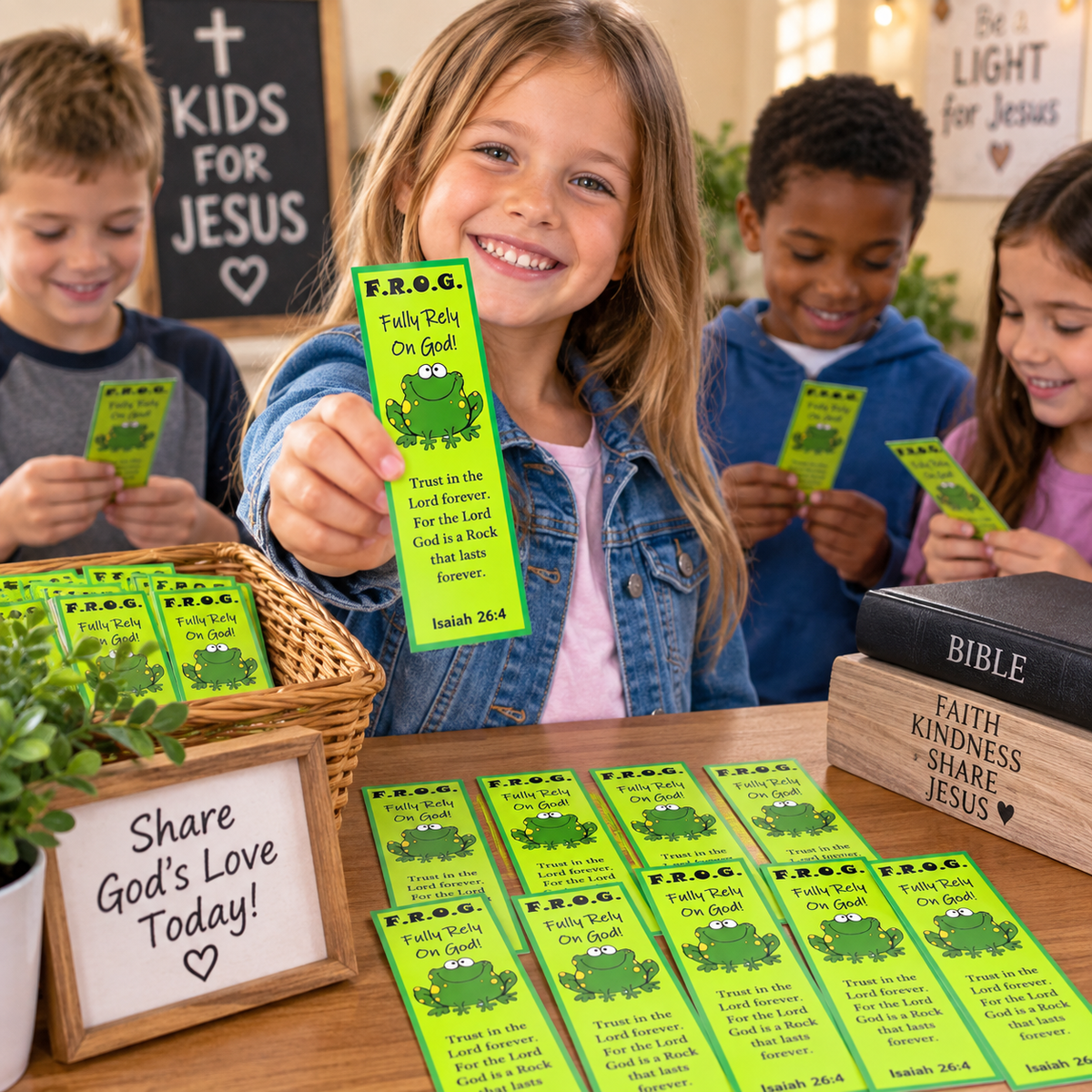 Children sitting around a table holding bright green Bible verse cards with frog illustrations. A smiling girl in the center holds up a card that reads 'F.