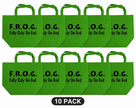 Ten bright green tote bags arranged in two rows on a white background, each printed with the text 'F.R.O.G. fully rely on God