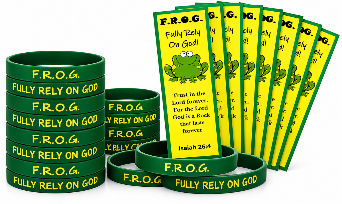 A set of green rubber wristbands and matching yellow prayer cards printed with the text 'F.R.