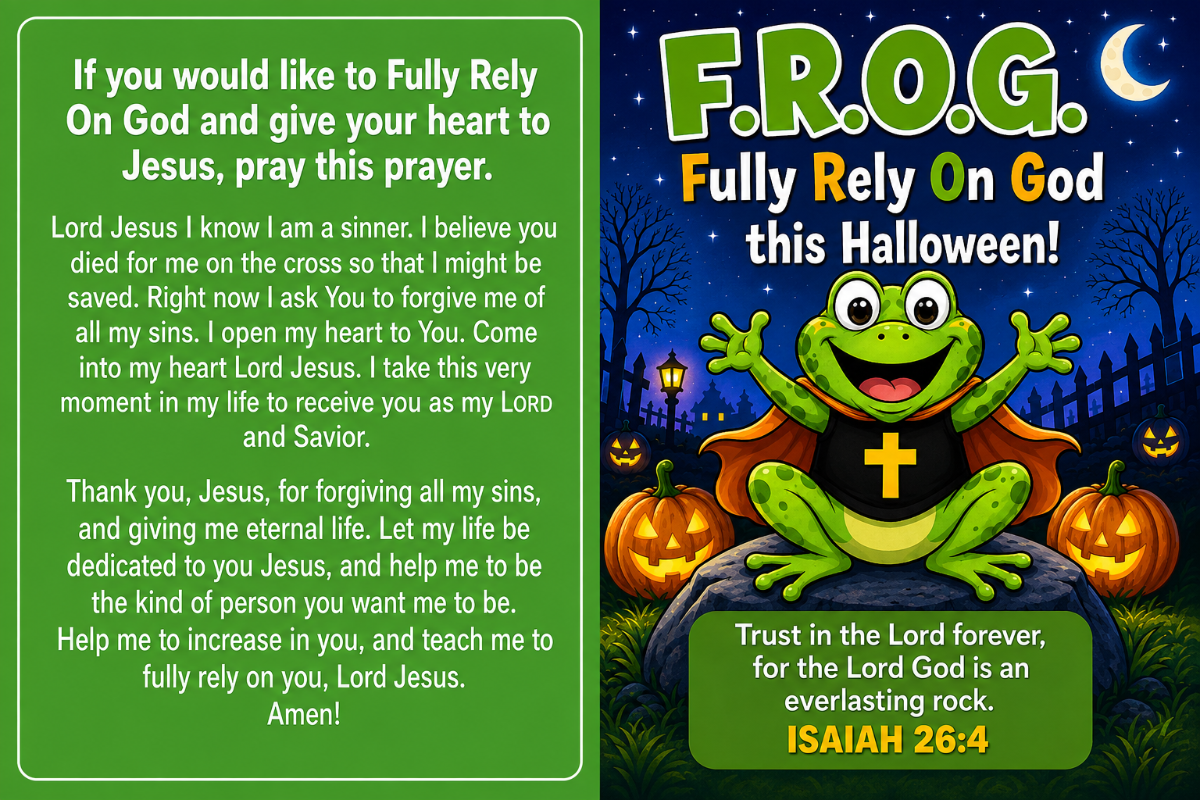 A Halloween-themed religious gospel bible verse tract with a green background on the left containing the prayer text, and a illustrated right panel showing a green frog in a black cape with a gold cross, surrounded by pumpkins and a night sky. Large text reads Fully rely on God for trunk or treat evernts. 