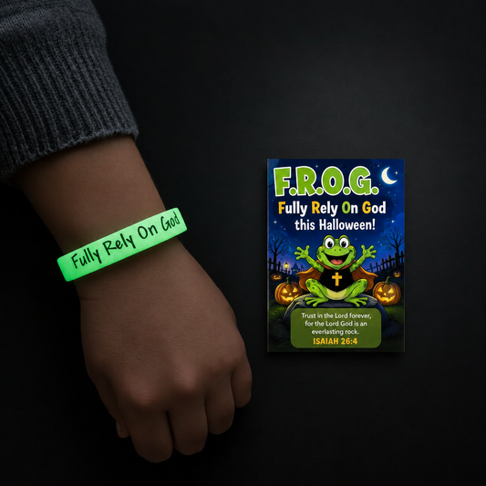 A person's wrist wearing a glowing green silicone bracelet that reads 'Fully Rely On God' next to a Halloween-themed F.R.