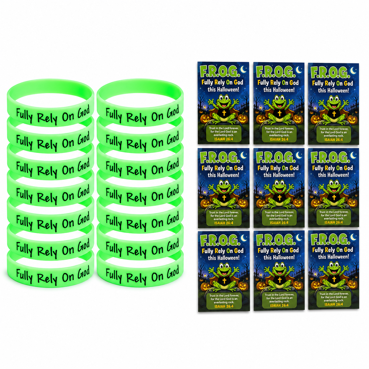 Two stacks of bright green silicone wristbands with black text reading 'Fully Rely On God' next to a 2x4 grid of matching rectangular party favors or gospel tracts with Halloween frog graphics and the same phrase.