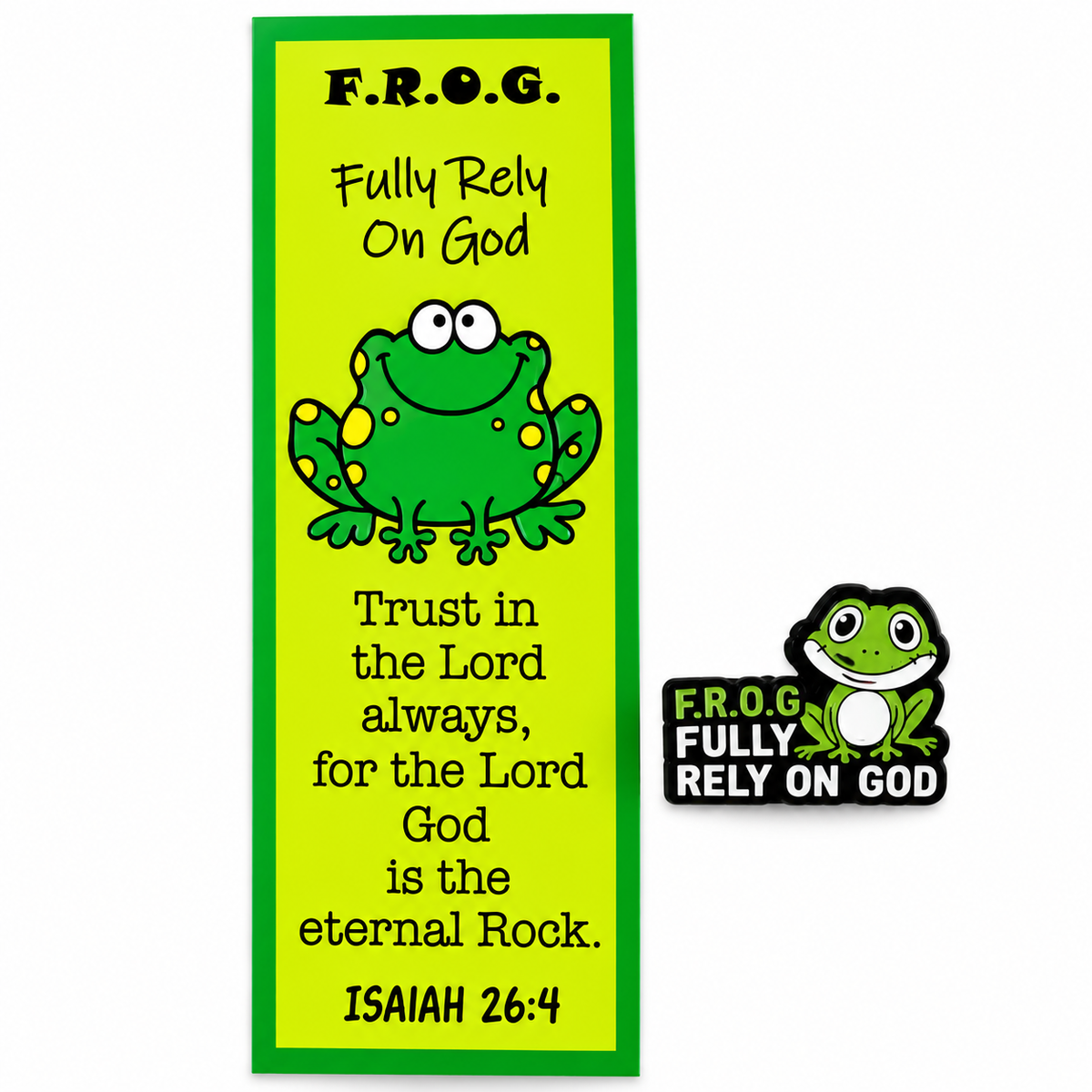 fully rely on God bookmark and frog lapel pin church handout