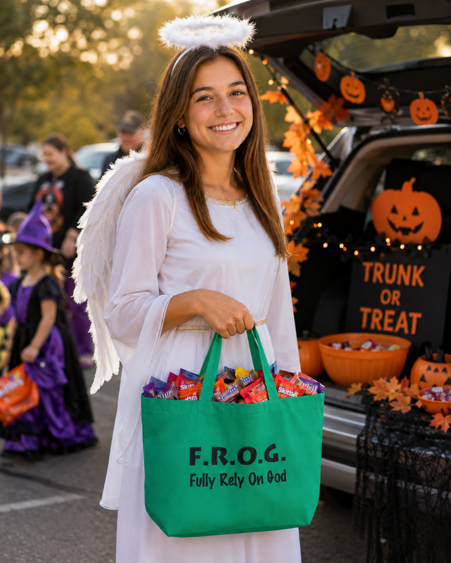 A woman dressed as an angel with white wings and a halo stands in front of a Halloween-trunk car, holding a green tote bag printed with the text 'F.R.O.G. fully rely on God