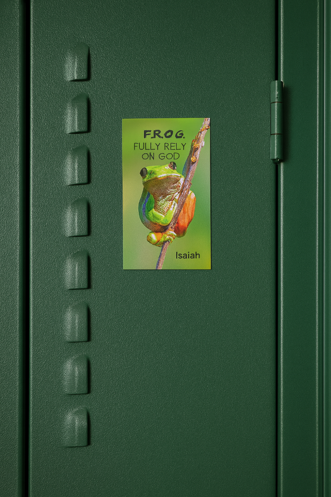 Fully Rely On 
God Frog Magnet on school locker