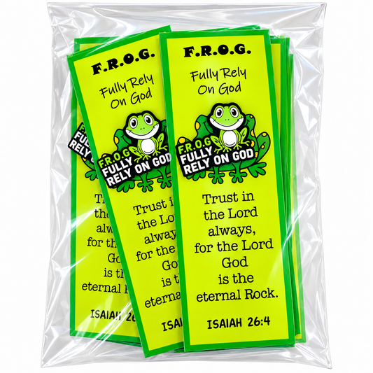 Fully  rely on God frog bookmarks with lapel pins. Bulk set of 10.
