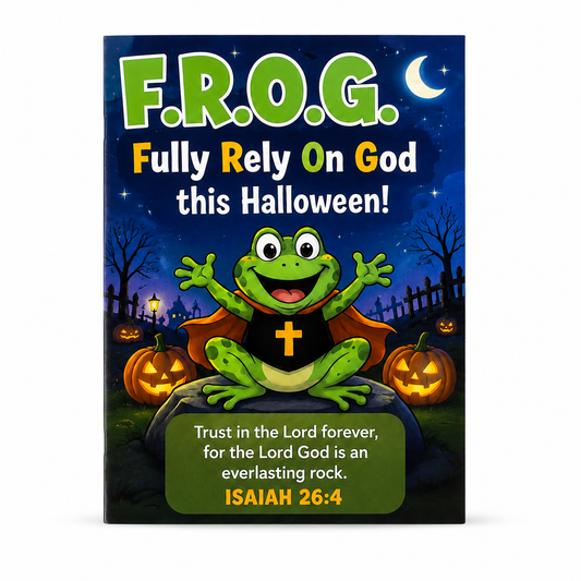 A rectangular printed gospel bible tract featuring a Halloween-themed design with the text F.R.O.G. fully rely on God this Halloween. Bulk 100 count.
