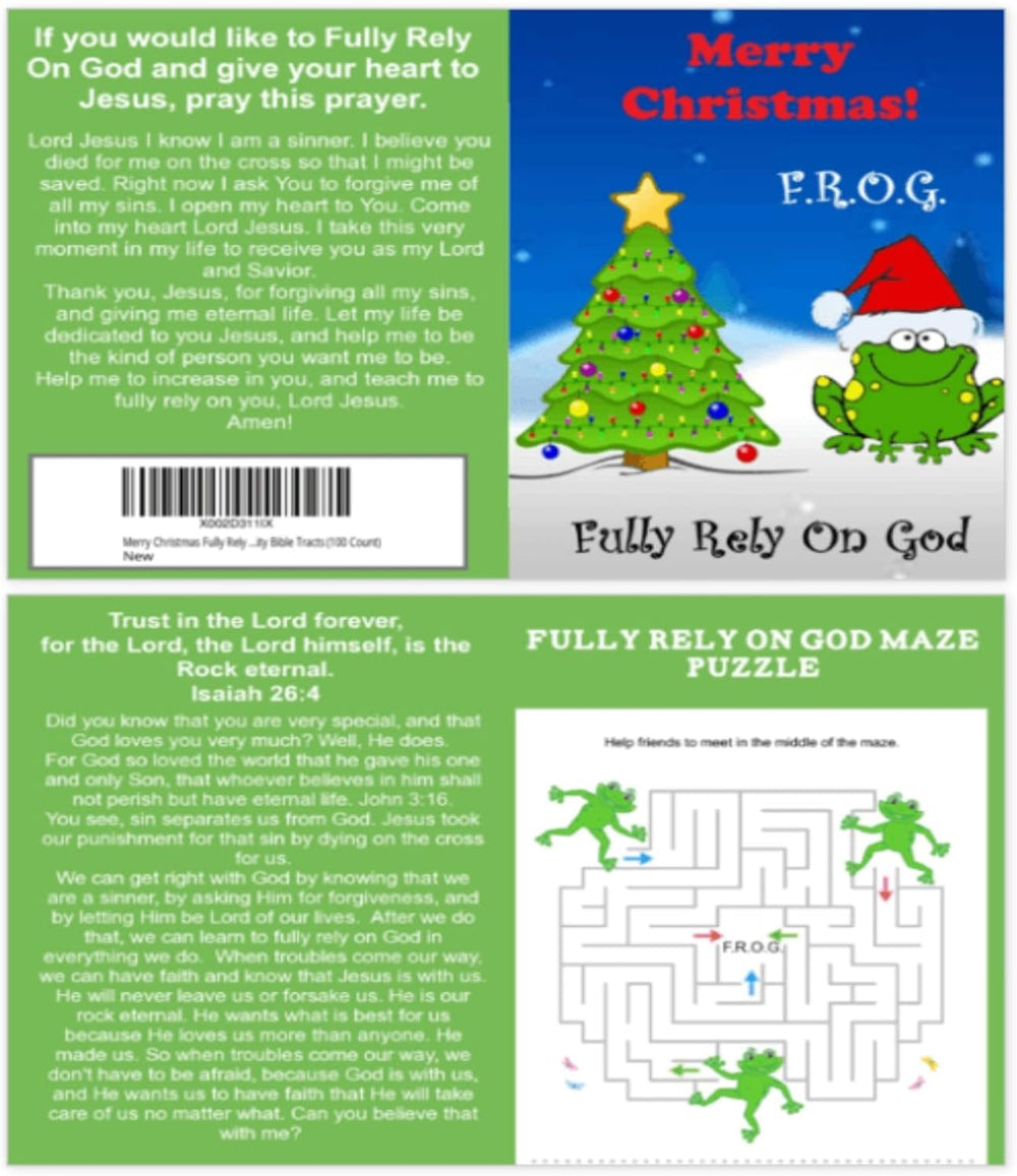 100 count Merry Christmas Fully Rely On God Frog F.R.O.G. Christian Bible Tracts for Kids
