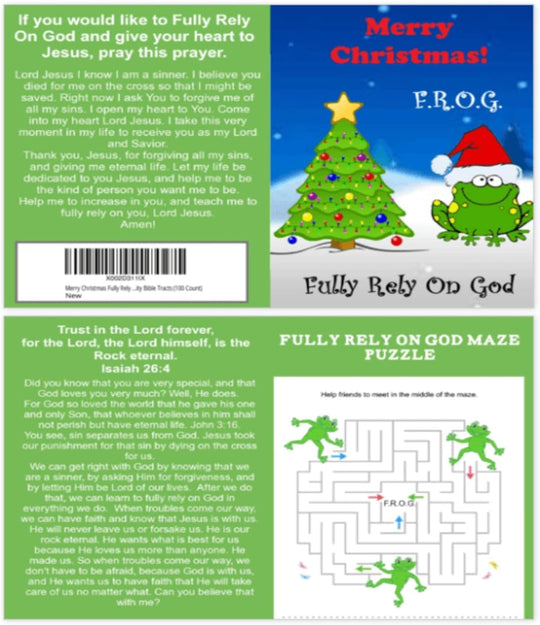 100 count Merry Christmas Fully Rely On God Frog F.R.O.G. Christian Bible Tracts for Kids