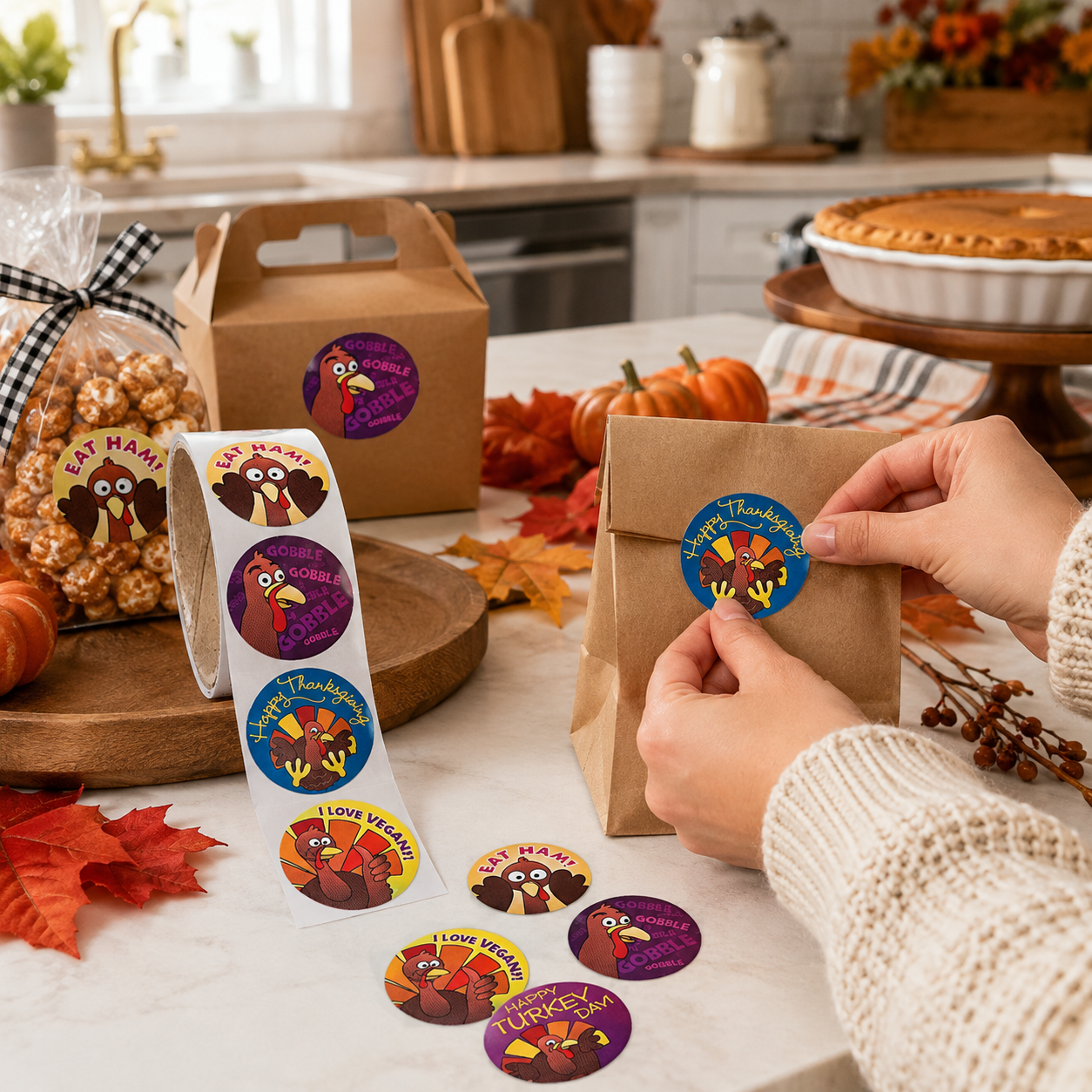 A person in a cream knit sweater is shown applying a round 'Happy Thanksgiving' funny turkey sticker to a brown kraft paper bag in a kitchen setting. A roll of these stickers and several individual stickers are displayed on the counter alongside autumn-themed props like pumpkins, fall leaves, and a bag of popcorn.