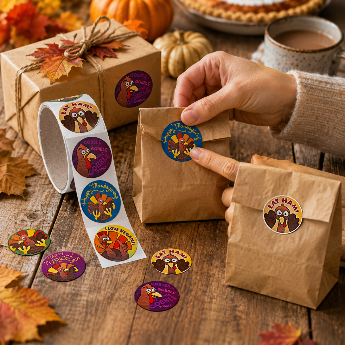 A person's hand is shown applying a round funny turkey sticker to a brown kraft paper bag. The scene is styled with autumn elements, including a roll of matching stickers, other decorated kraft bags, pumpkins, and fall leaves on a rustic wooden table.