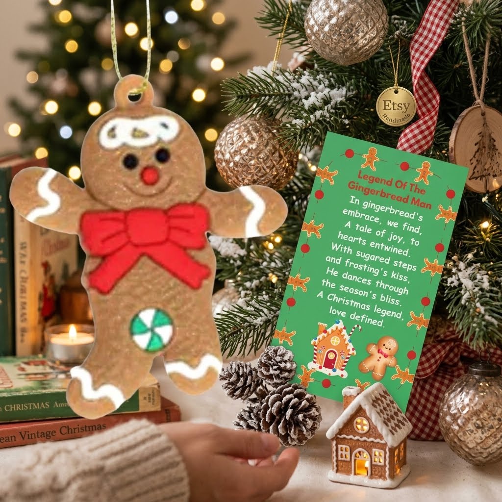 Bulk assortment of 24 cute gingerbread man tree ornaments with matching holiday story cards laid out on a white background.