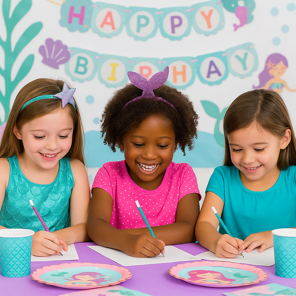 Three young girls at a birthday party, smiling and writing with mermaid-themed plates and cups.