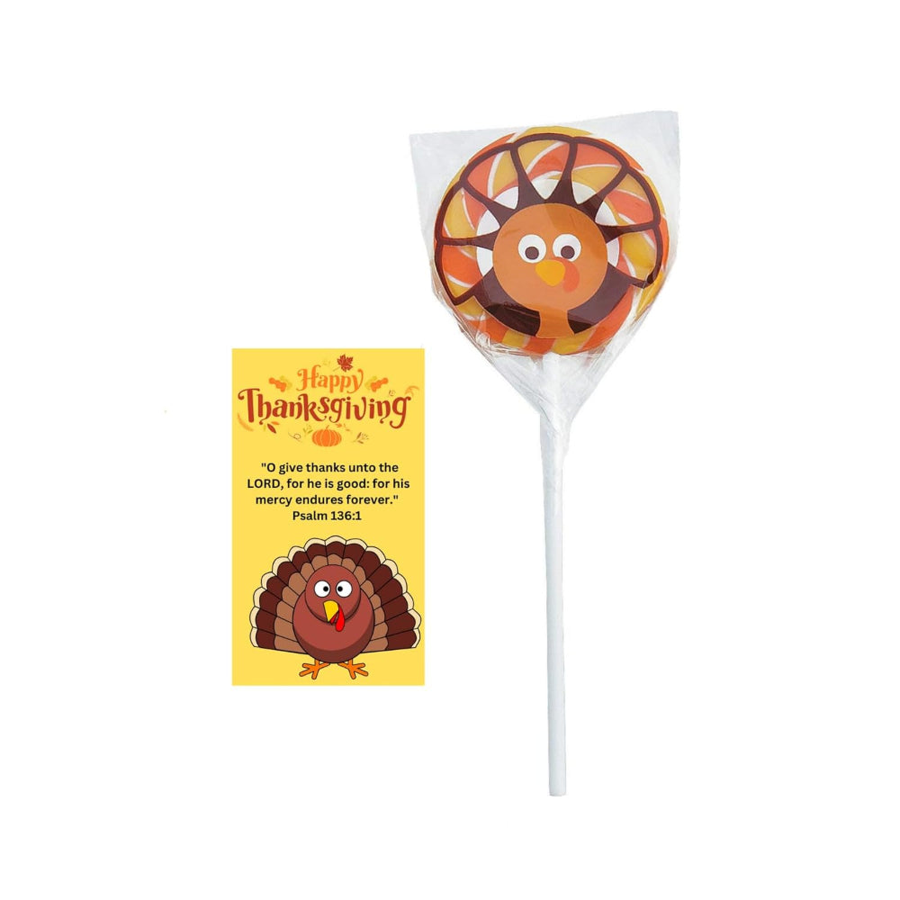 Thanksgiving-themed lollipop with a turkey design and a small card on a white background
