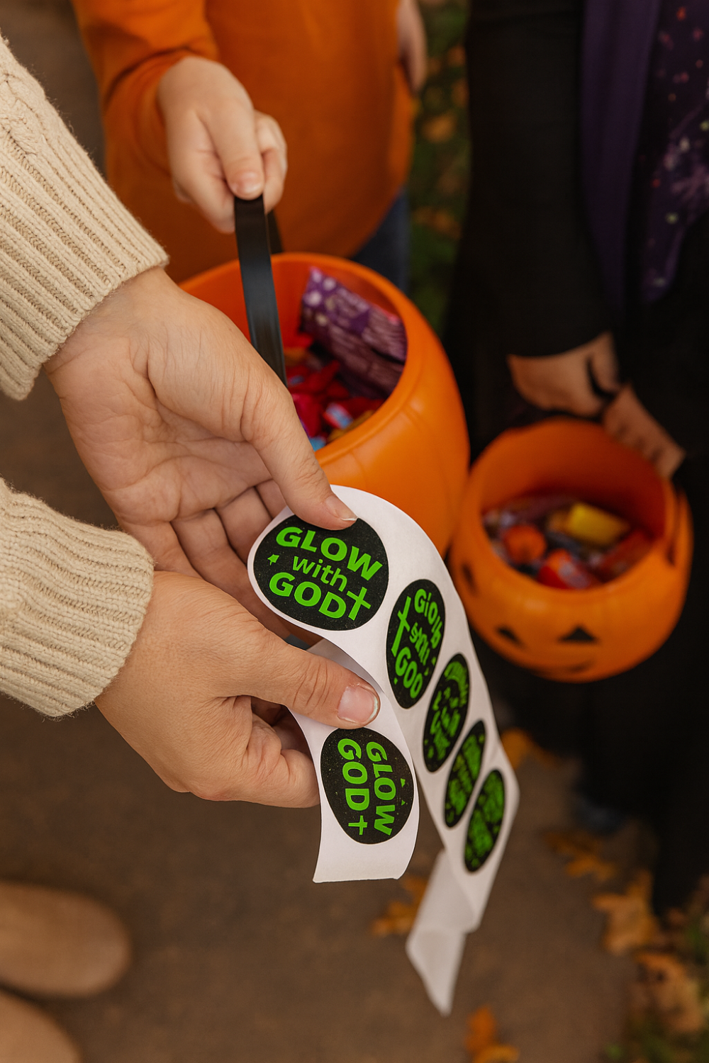 Glow with God Christian Pumpkin Stickers – 1.5” Glow-in-the-Dark Halloween Sticker Roll (200 Pieces, 2 Rolls of 100)