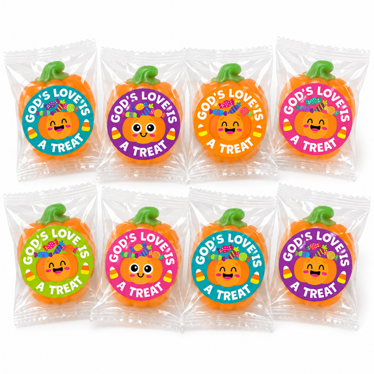 Eight individually wrapped Halloween-themed candies shaped like pumpkins, each with a colorful circular label that reads 'God's Love's A Treat' and a smiling orange face with a green stem, arranged on a white background.