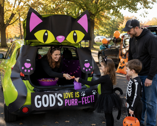 Christian cat-themed trunk-or-treat decoration featuring a black cat with bright green eyes, pink ears and paws, and a “God’s Love Is Purr-fect!” banner displayed on a decorated car trunk while children receive Halloween candy at a family-friendly church trunk-or-treat event.