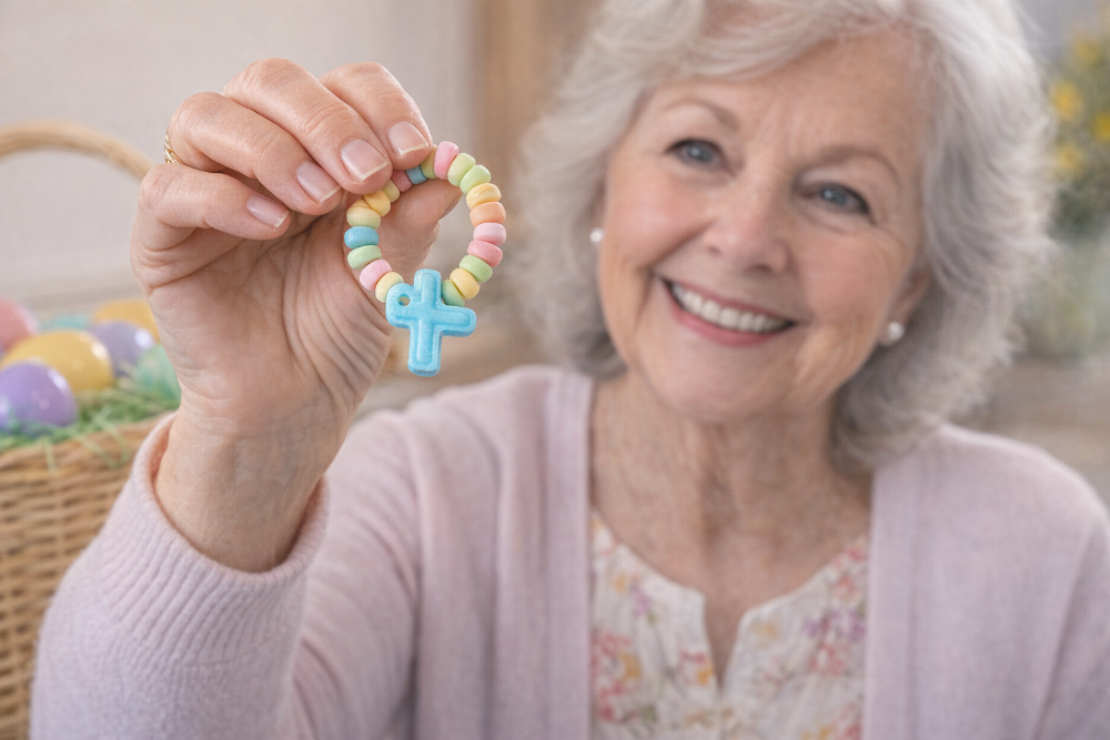 Woman holding a colorful bracelet with a blue cross charm, Easter eggs and basket in the background