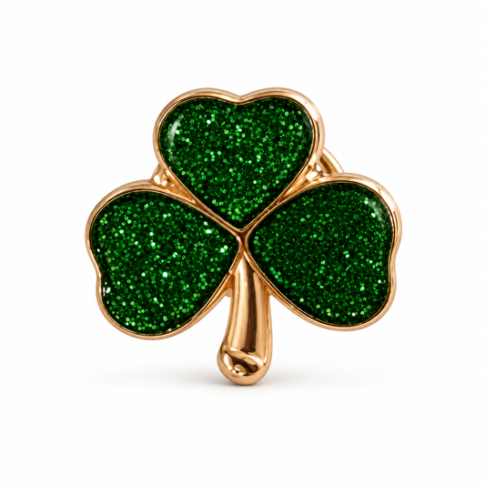 Emerald green glitter shamrock pin with gold-tone trim