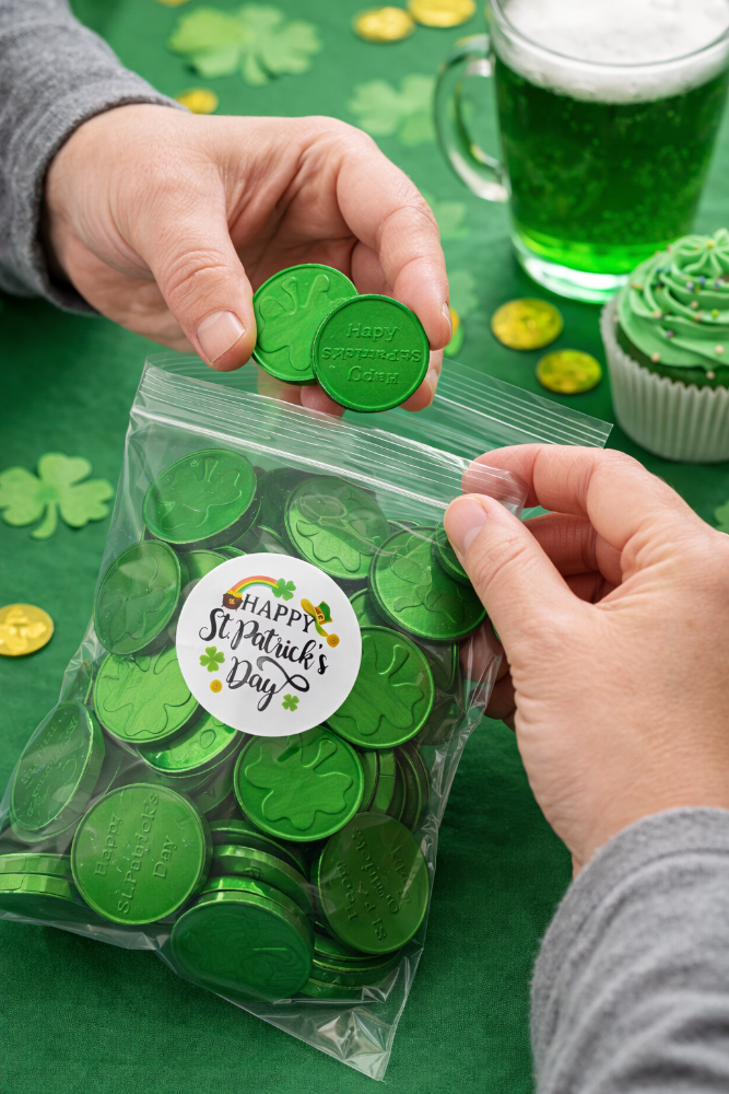 Person opening a bag of green St. Patrick's Day chocolate coins with a mug of green  and shamrock decorations in the background.