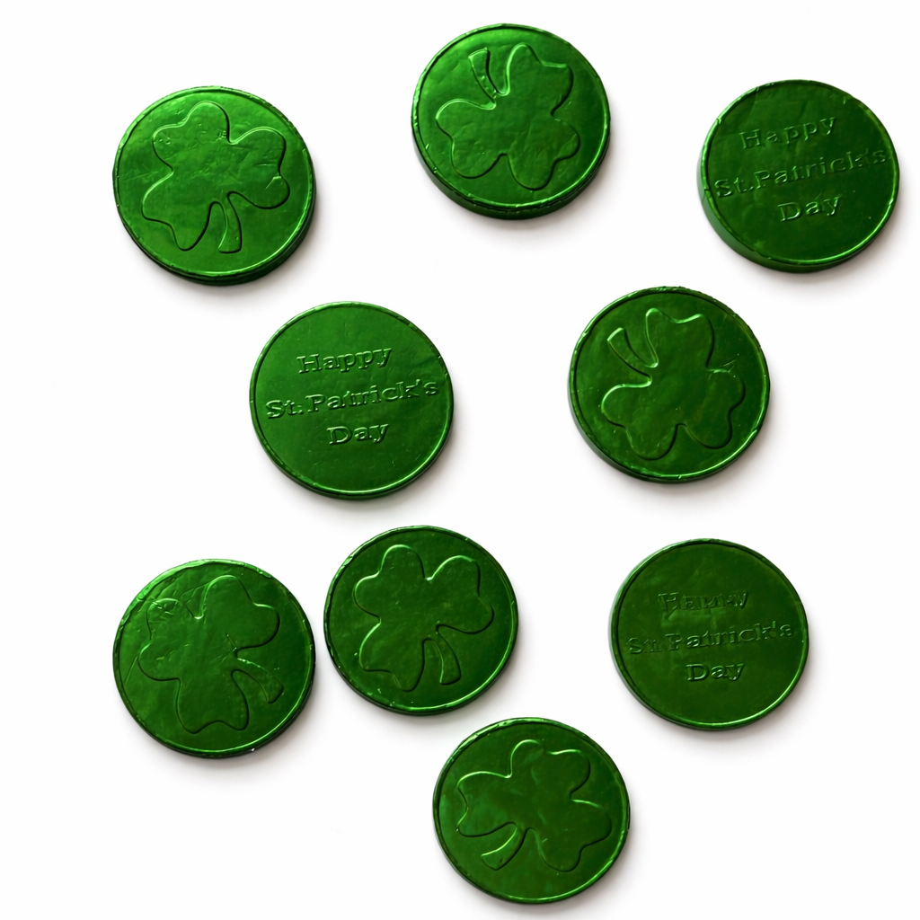 Green milk chocolate coins with shamrock designs and 'Happy St. Patrick's Day' text on a white background