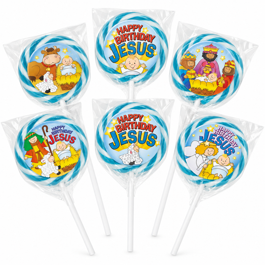 Six wrapped round lollipops on white sticks, each featuring colorful Christmas-themed illustrations and birthday messages including 'Happy Birthday Jesus' and 'Happy Birthday Mary.'.