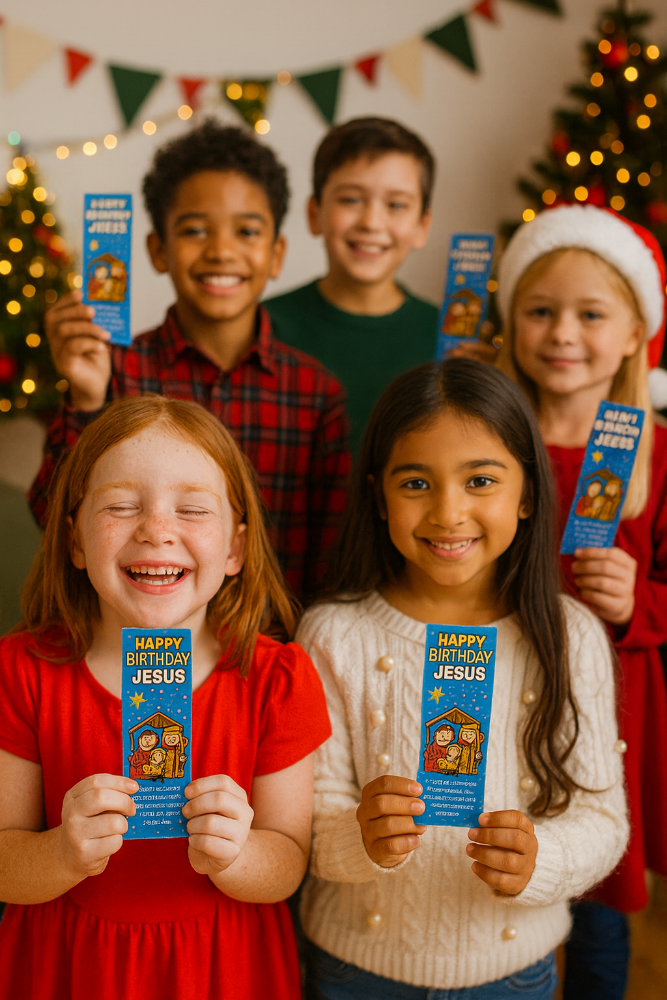 Children holding 'Happy Birthday Jesus' books in a festive setting with Christmas trees and decorations.