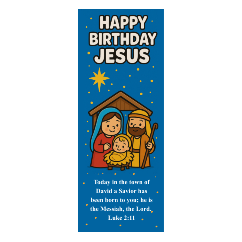 Festive card with 'Happy Birthday Jesus' text and nativity scene illustration on a blue background.