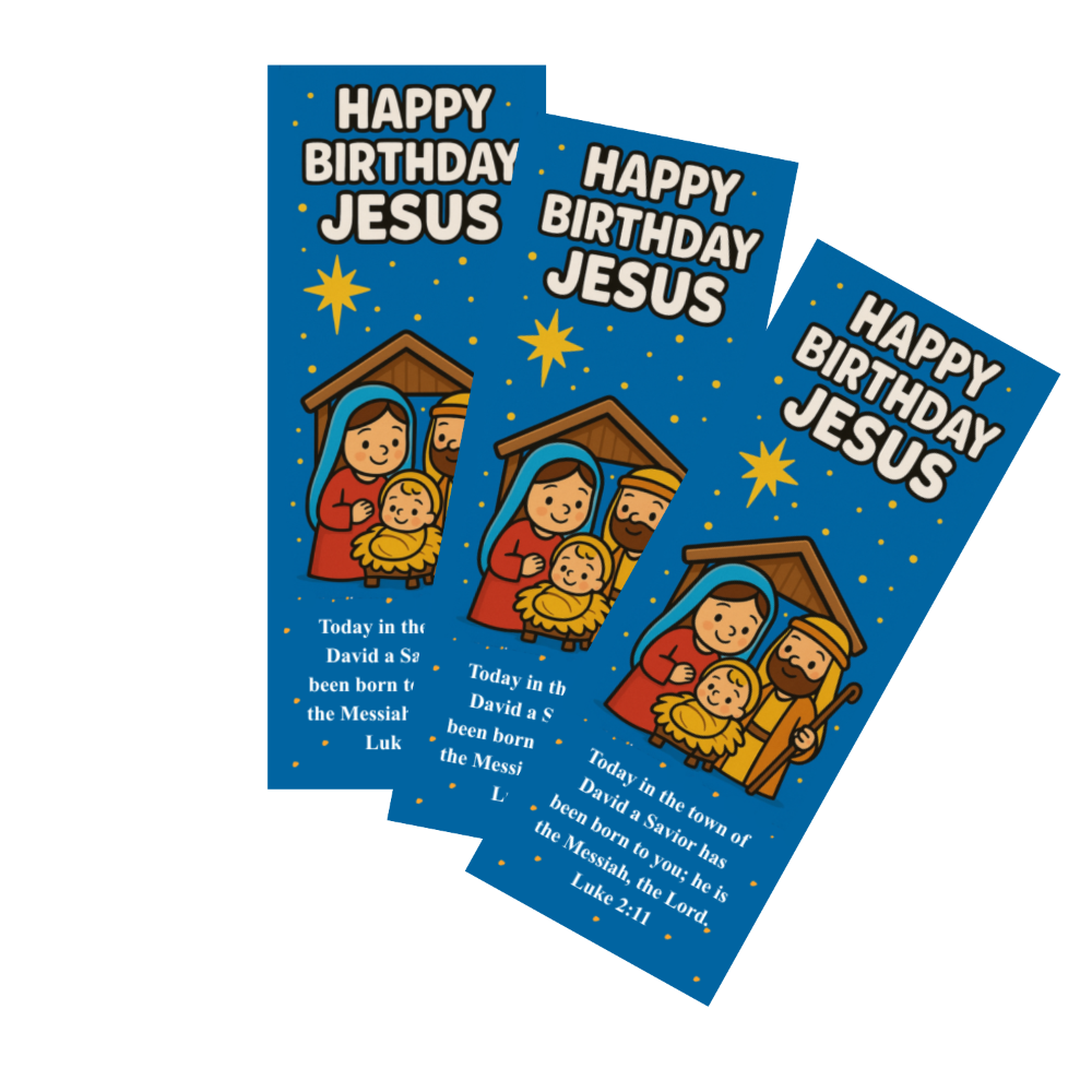 Three 'Happy Birthday Jesus' cards with nativity scene illustration on a white background