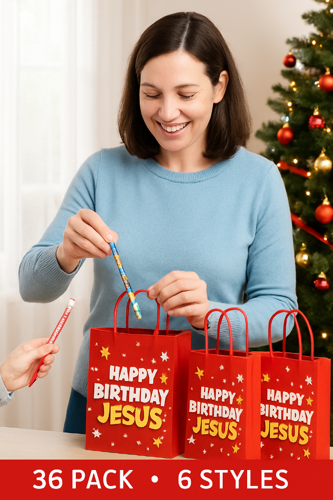 Woman putting Happy Birthday Jesus Pencils into red gift bags with 'Happy Birthday Jesus' text in front of a Christmas tree.