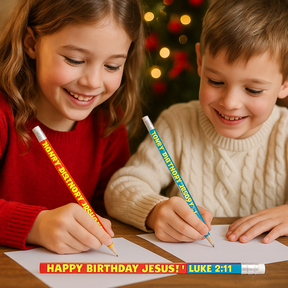 Two children writing with Happy Birthday Jesus pencils in front of a Christmas tree.