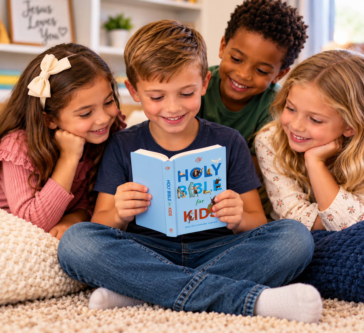 Three children sitting on a beige carpet in a cozy room, smiling and looking at a light blue hardcover book titled 'Holy Bible for Kids' by John MacArthur.