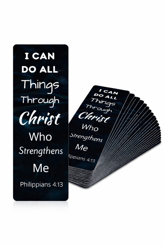 Set of black bookmarks with motivational quote on a white background I can do all things through Christ