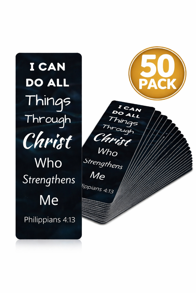 Pack of black bookmarks with inspirational quote and '50 Pack' label on a white background I can do all things through Christ