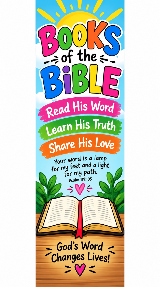 Colorful Books of the Bible bookmark for kids, front design with Psalm 119:105 books for the bible