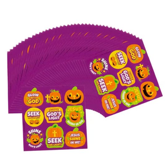 40 Christian pumpkin treat sticker sheets with assorted faith-filled designs and colors