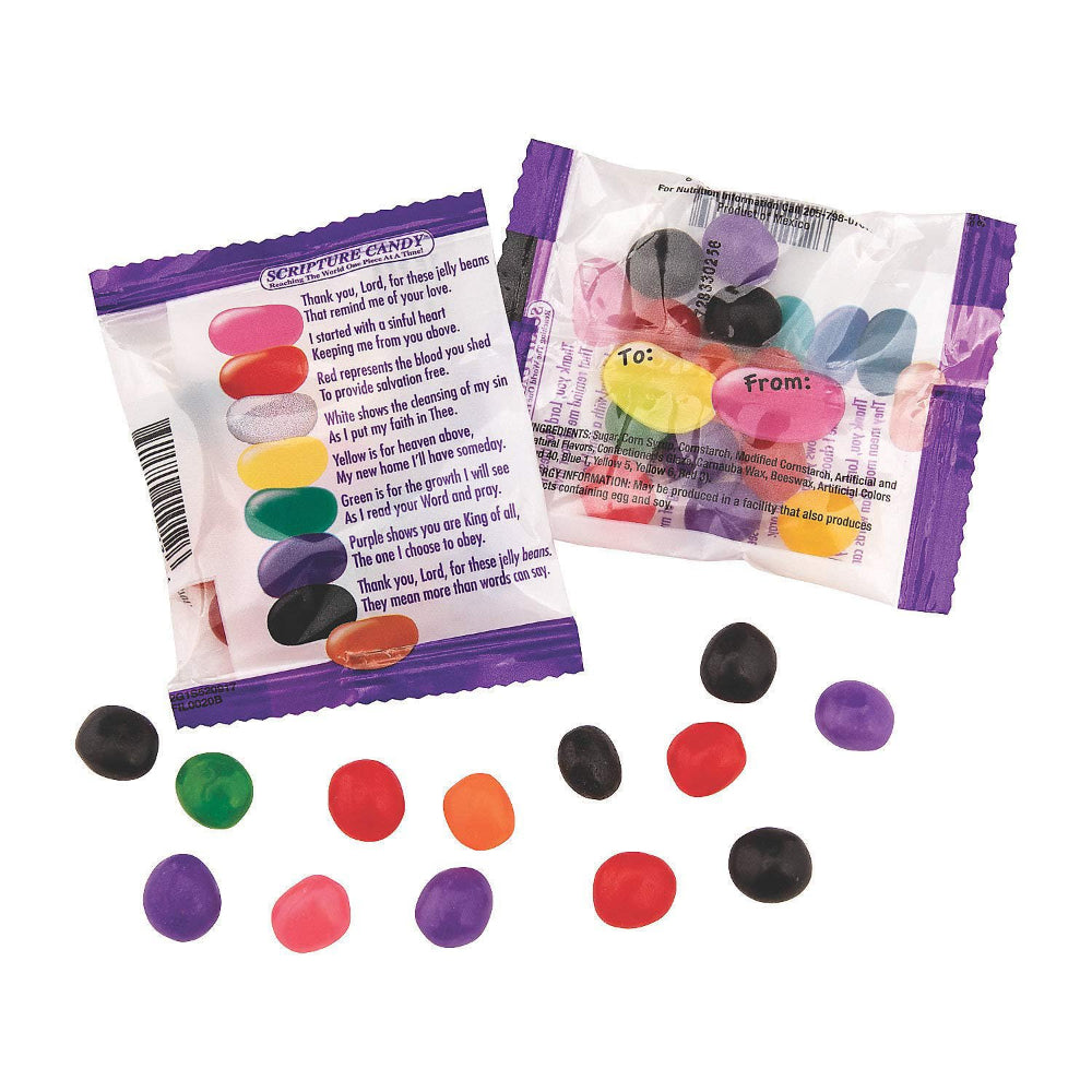 Two packages of Scripture Candy with colorful jelly beans on a white background
