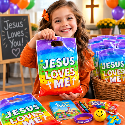 Jesus Loves Me Gift Bags with Handles – Bulk Pack of 50 for Church, VBS & Sunday School