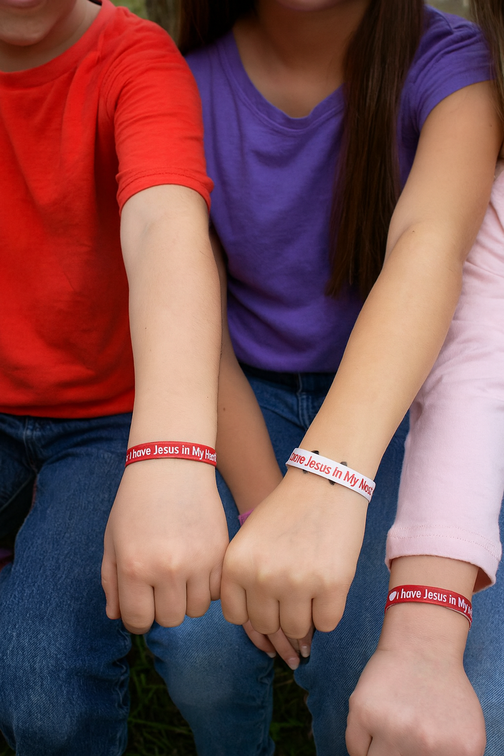 Three people wearing 'Have Jesus In My Life' bracelets, with a focus on their wrists.