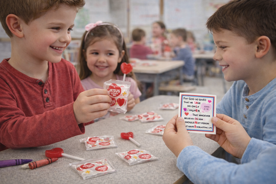 Children at a table with Valentine's Day treats and cards in a classroom setting.