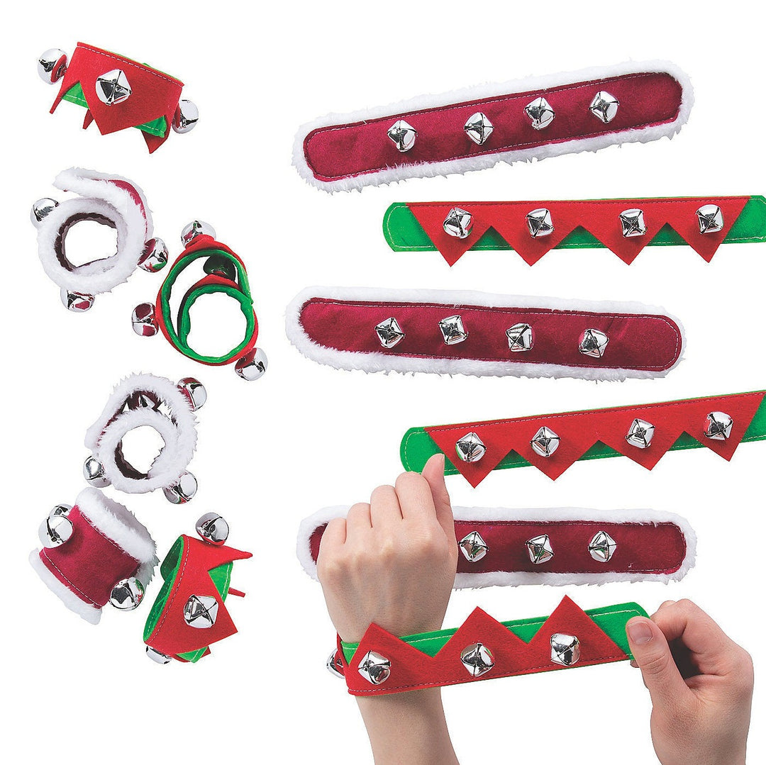 24 Bulk Count of Christmas Red And Green Jingle Bell Elf Cuff Slap Bracelets