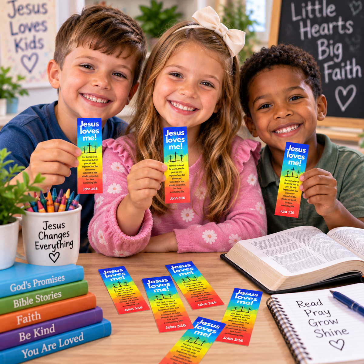 100 Bulk Count Christian Bookmarks for Kids John 3:16 Scripture