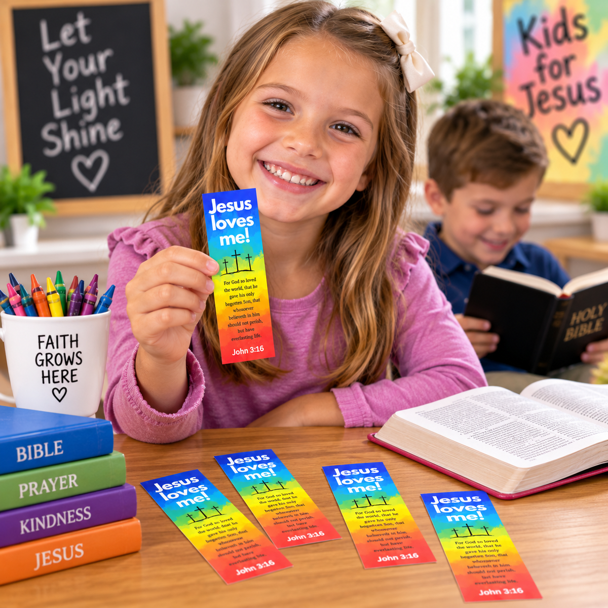 100 Bulk Count Christian Bookmarks for Kids John 3:16 Scripture