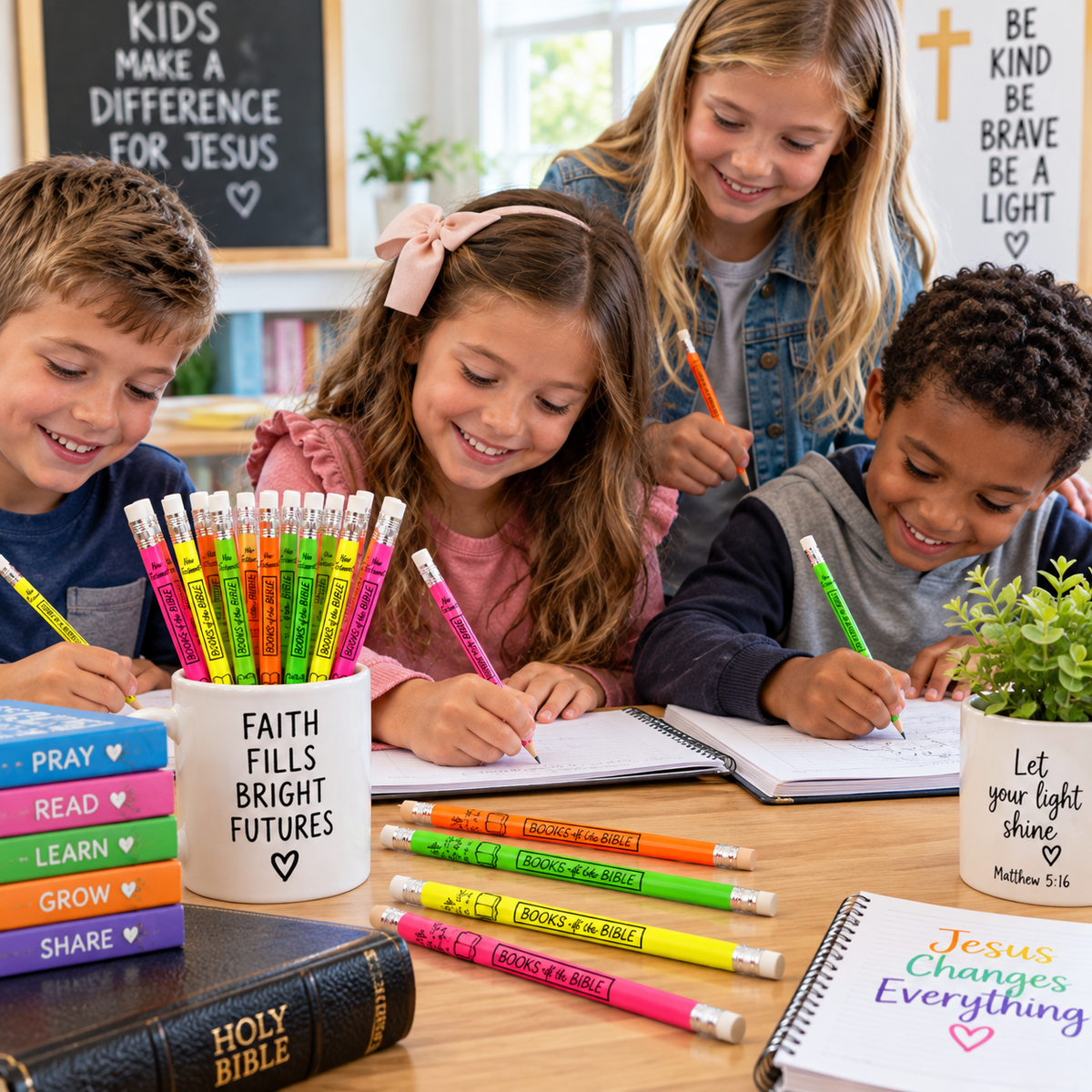 kids using books of the bible Christian pencils in Sunday school