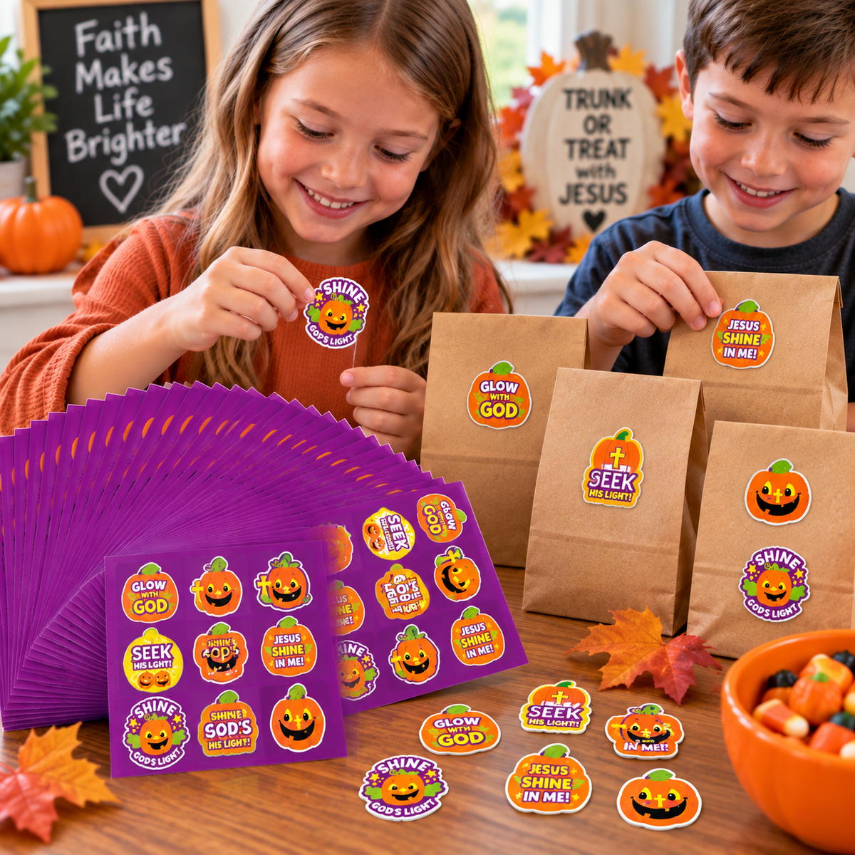 shine Christian pumpkin treat stickers on brown paper bags