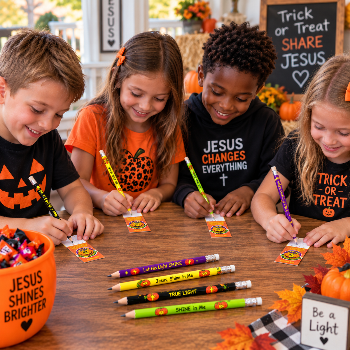 shine christian pumpkin pencils and prayer cards for sunday school and churchrs. Use these for trunk or treat handouts.