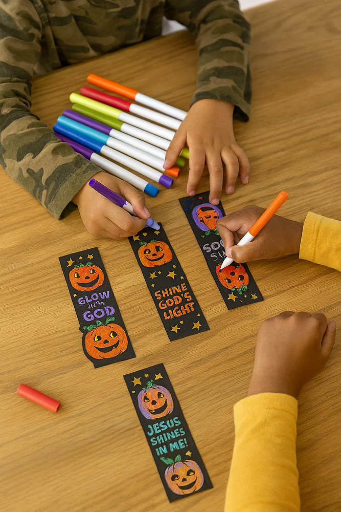 Children coloring Halloween-themed bookmarks on a wooden table.