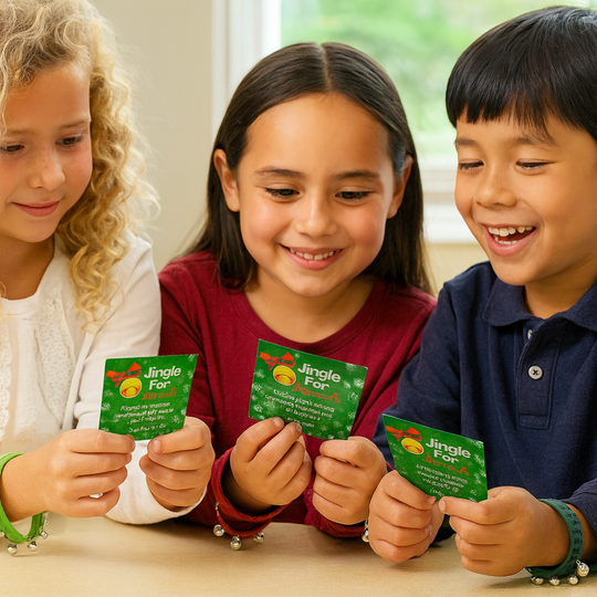 3 kids playing with Jingle for Jesus cards and bracelets